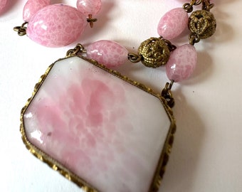 1920s Antique Czech Glass Choker, Pink Czech Glass Bead, Deco Marbled Art Glass Necklace