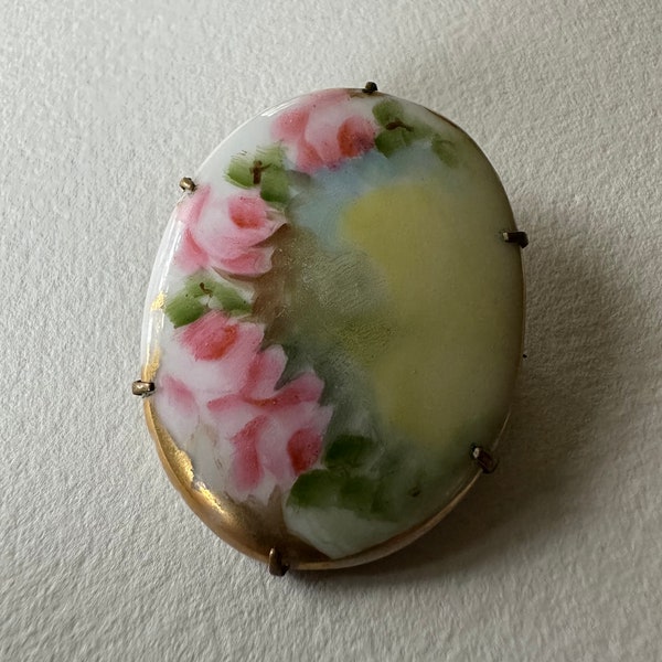 Antique Porcelain Brooch, Hand Painted Pink Roses, Vintage Floral Design, Romantic Jewelry, Gift for Her