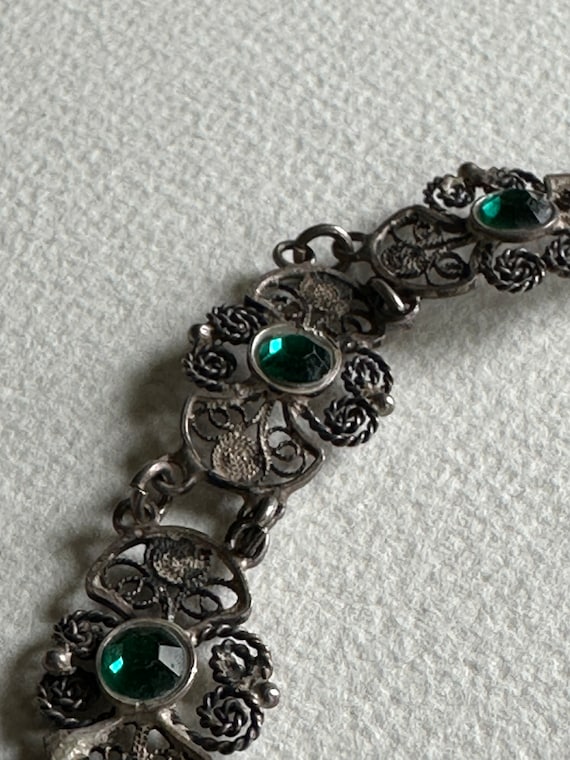 Antique Sterling Silver Bracelet, Emerald Color Rh