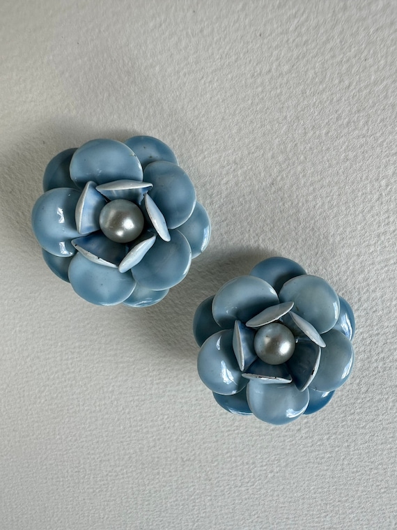 Enamel Metal Flower Clip On Blue Earrings, Stud Ea