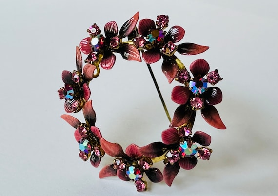 Vintage Metal Enamel Flower Austrian Crystal Broo… - image 1