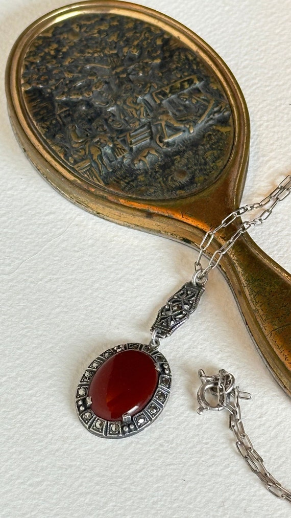 Sterling Silver Marcasite and Carnelian Necklace