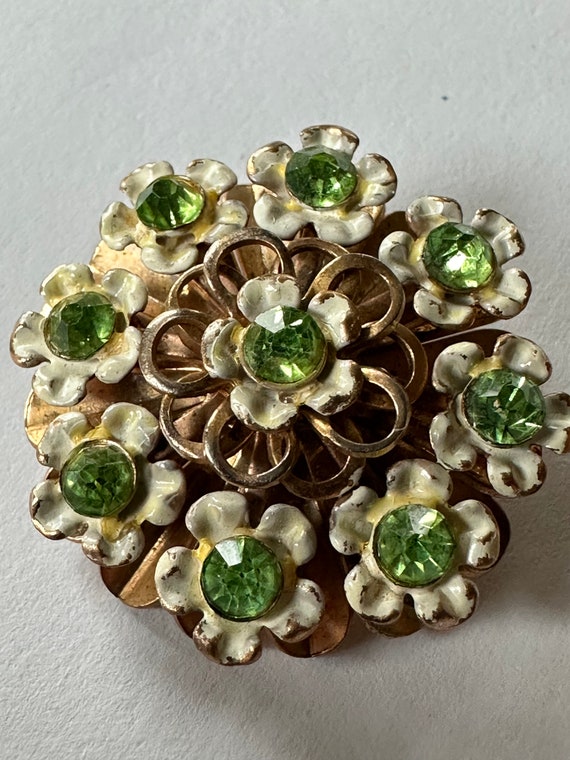 1950s Metal Flower Brooch, Green Rhinestone Ename… - image 1