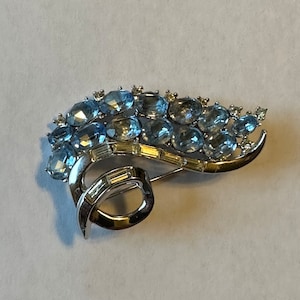 Vintage Trifari Blue Rhinestone Brooch, Signed 1950s Pin