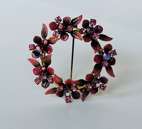 Vintage Metal Enamel Flower Austrian Crystal Broo… - image 9