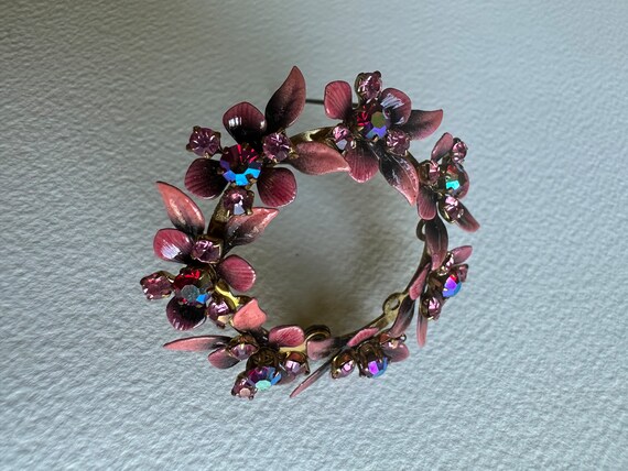 Vintage Metal Enamel Flower Austrian Crystal Broo… - image 5