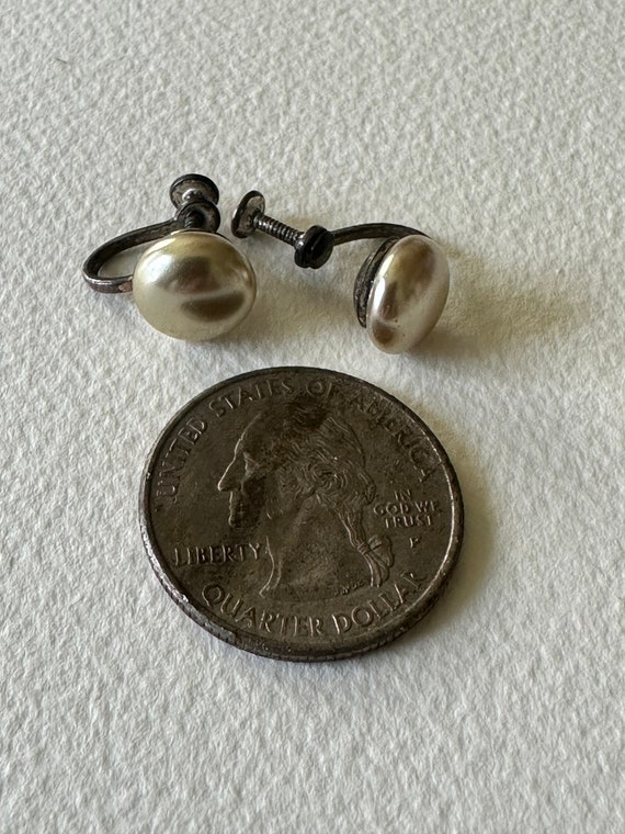 Coro Sterling Silver Faux Pearl Button Earrings c… - image 2