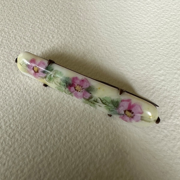 Antique Pink Roses Porcelain Bar Brooch, Hand Painted Flower Antique Pin circa 1900s