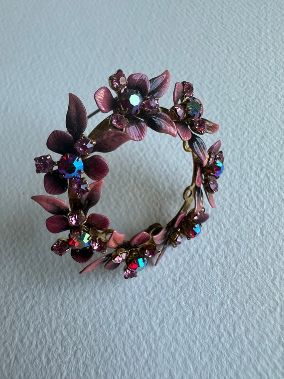 Vintage Metal Enamel Flower Austrian Crystal Broo… - image 7