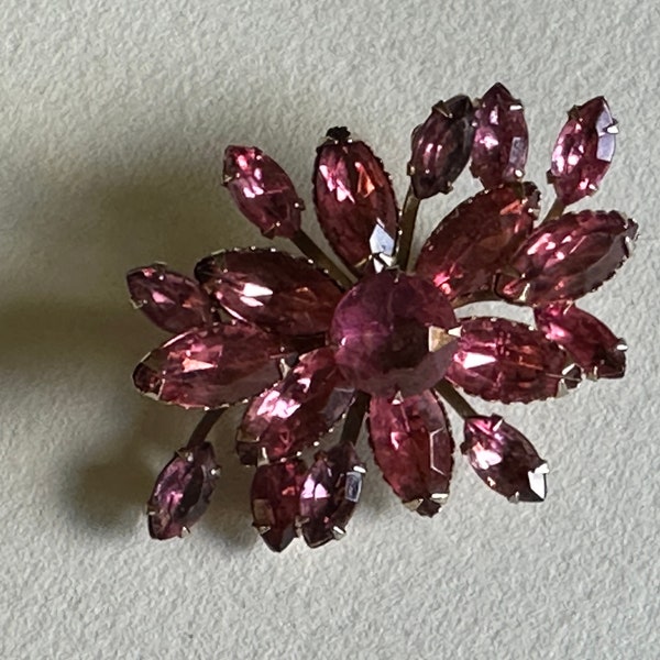 Pink Rhinestone Flower Brooch circa 1960s, Rose Navette Spray Pin Gift for Women