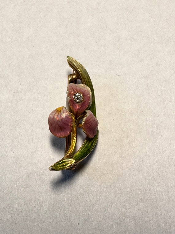 Antique Enameled Iris Brooch Signed Krementz, Art 