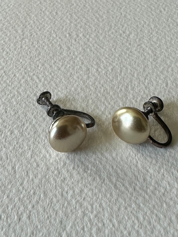 Coro Sterling Silver Faux Pearl Button Earrings c… - image 1
