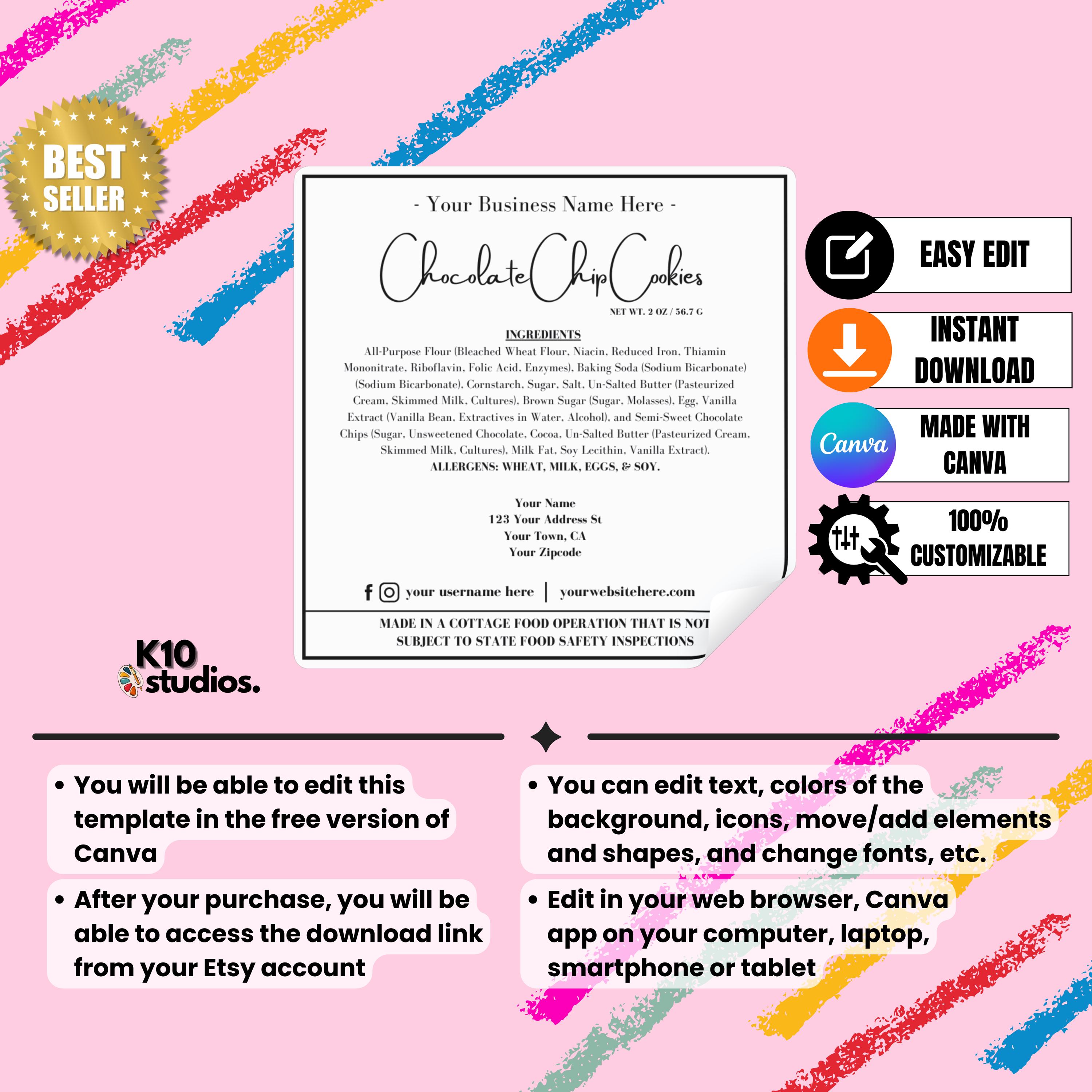 Cottage Food Label Master List, 50 Ingredient Templates (PDF), Complete ...
