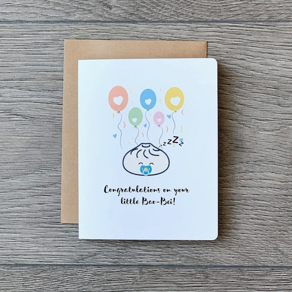 Baby Shower card | Congratulations! On your little Bao-bei, Funny and cute food pun greeting card. Tell them congratulations with this card