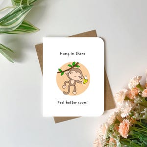 Carte de rétablissement, carte de voeux mignonne et amusante pour encourager à guérir rapidement, accrochez-vous, décollez mieux bientôt carte de singe mignonne