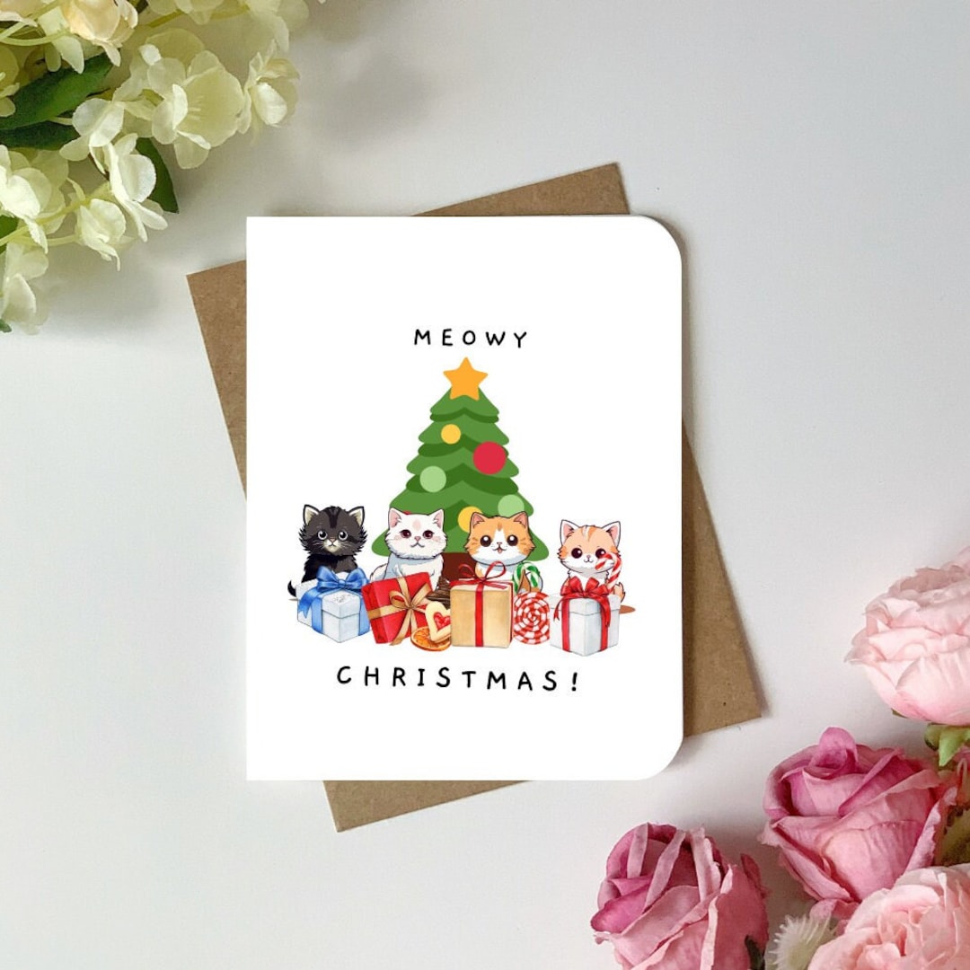 Meowy Christmas Greeting Card - Purrfect for Cat Lovers, Cute Cat Pun ...