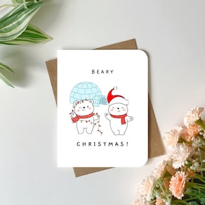 Kartka świąteczna | „Beary Christmas” (Wesołych Świąt) | Słodka i dowcipna kartka z życzeniami z niedźwiedziem polarnym na Boże Narodzenie, życzenia świąteczne dla niego i dla niej