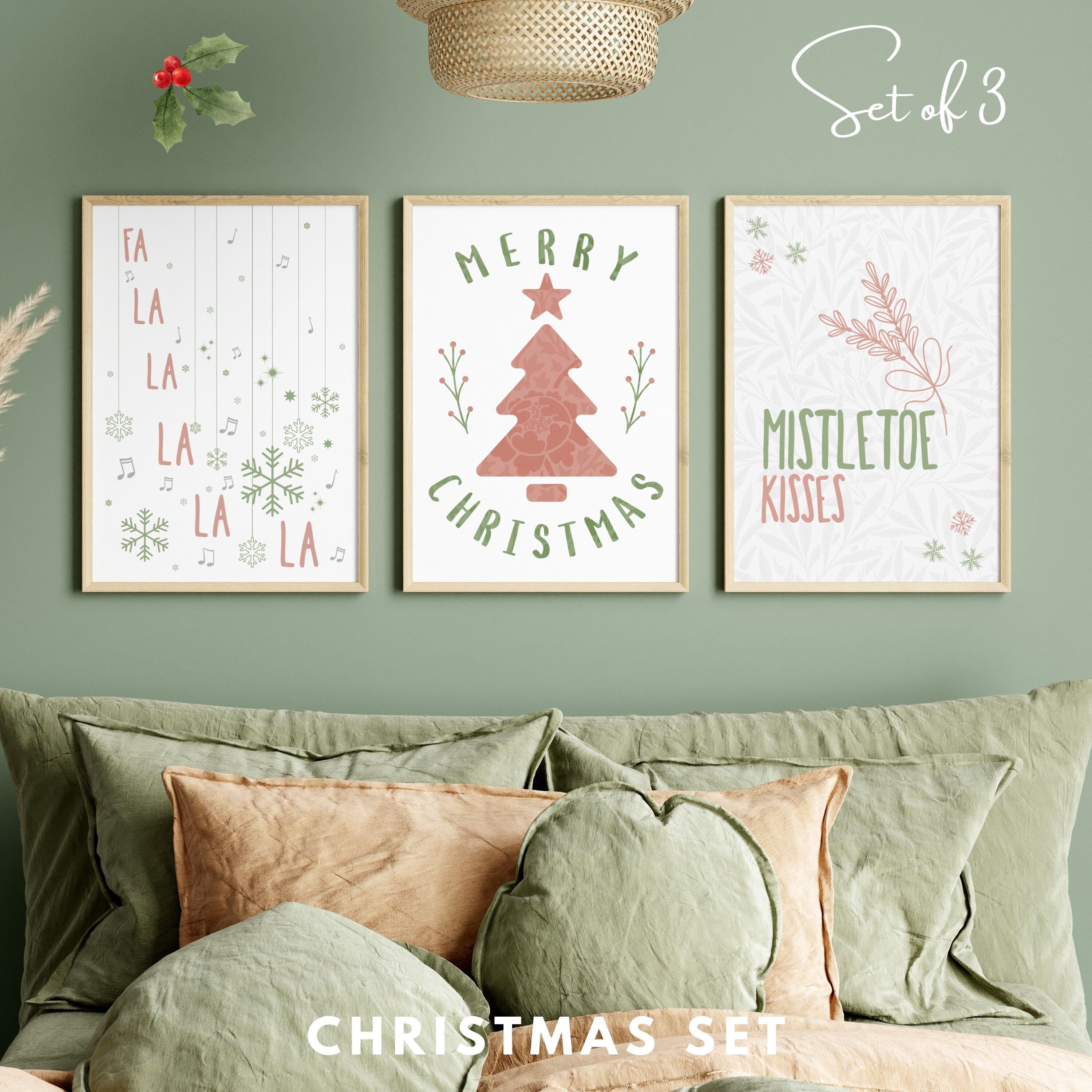Christmas Wall Art Prints, Set of 3, Green Pink Christmas Decor