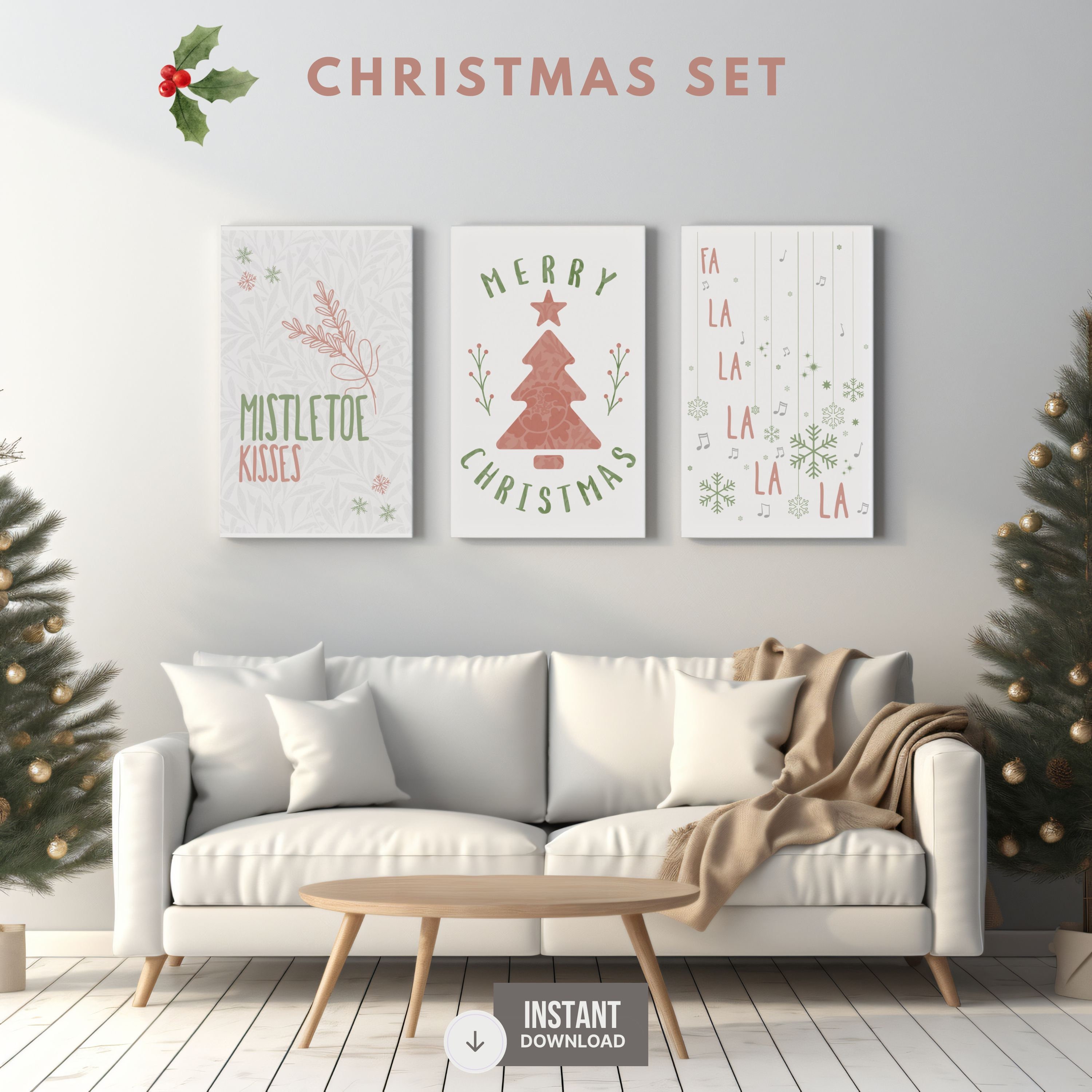 Christmas Wall Art Prints, Set of 3, Green Pink Christmas Decor
