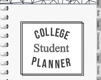 Puede incluir: Un planificador de estudiantes universitarios con espiral y diseño geométrico en la portada. El título "COLLEGE Student PLANNER" está centrado. Se ven pestañas para secciones como "Clases", "Horario" y "Notas".