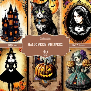 Halloween Junk Journal Pages, ATC cards, Pumpkin Collage Sheet, Digital Scrapbook Paper Kit, Spooky Gothic Printable, Vintage Ephemera