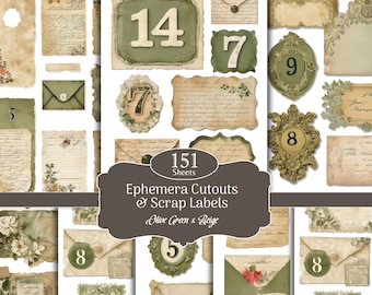 Shabby Junk Journal Kit, Printable Ephemera, Scrapbook Paper, Tags, Cutouts, Torn Paper, Envelop, Collage Sheets, Green, Instant Download