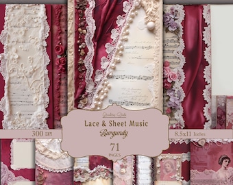 Burgundy Lace Junk Journal, Vintage Lace Ephemera, Abstract Lace, Collage Sheets, Printable Digital Paper, Scrapbooking Pearl, Floral Pages