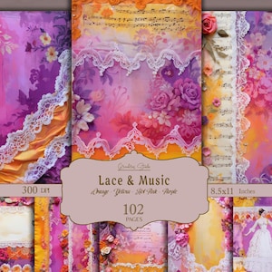 Carnet de notes en dentelle bohème avec des pages florales shabby chic. Parfait pour le scrapbooking, les travaux manuels et les projets de bricolage. Téléchargement numérique instantané