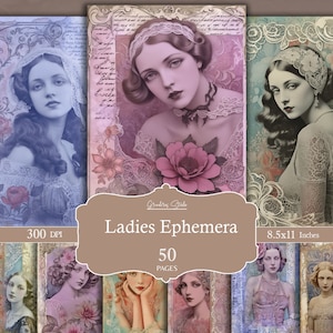 Kit de diario vintage para mujeres, papel digital de bella dama con encaje, páginas imprimibles, varios colores, años 20, efímera, papel para decoupage