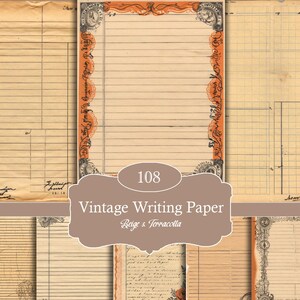 May include: A collection of vintage writing paper in beige and terracotta tones. The paper features lined and grid designs, with decorative borders and handwritten elements. The image includes the text "108 Vintage Writing Paper Beige & Terracotta."