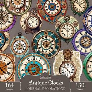 Op de afbeelding: Een verzameling van diverse ronde en vierkante antieke klokontwerpen met Romeinse en Arabische cijfers, gedetailleerde wijzers en verschillend gekleurde randen. De afbeelding bevat de tekst Antique Clocks JOURNAL DECORATIONS 164 Designs 130 Sheets.