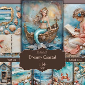 Coastal Dreams Junk Journal Kit, Ocean Blue Beach Printables, Nautical Ephemera & Shabby Seaside Scrapbook Paper, Coastal Serenity