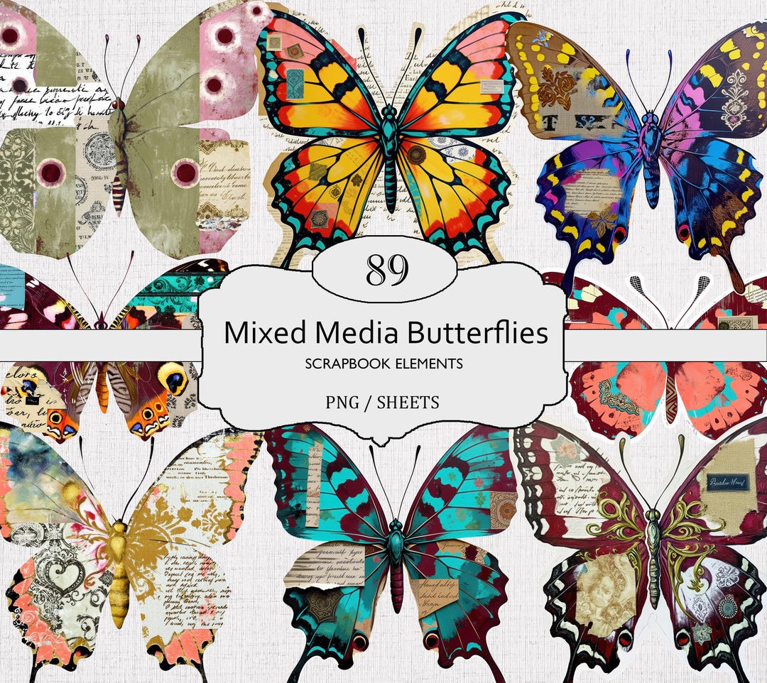Mixed Media Butterflies PNG & Sheets Bundle, Butterfly Scrapbook ...