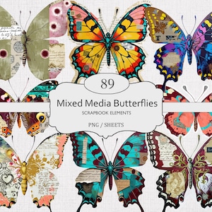 May include: A collection of 89 mixed media butterfly designs. The butterflies feature a variety of colors, including yellow, orange, blue, and pink, with vintage paper and scrapbook elements. Text on the image reads "Mixed Media Butterflies, Scrapbook Elements, PNG/SHEETS."