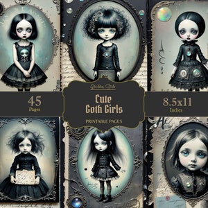 Bonito goth meninas lixo diário páginas gótico imprimível páginas atc colagem folhas scrapbooking cartões papéis efêmera gótico menina lixo diário kit
