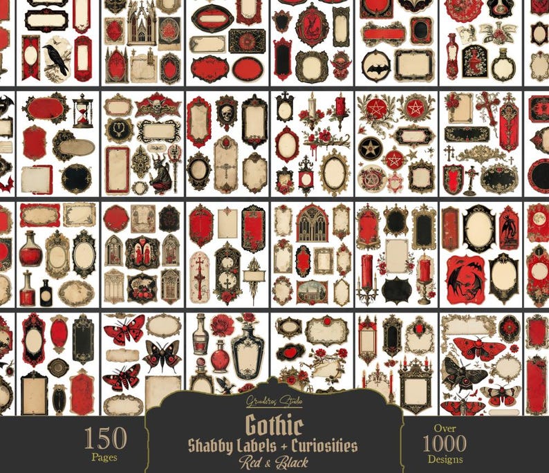Goth Labels Gothic Junk Journal Tags and Labels, Printable Ephemera, Fussy Cut ...