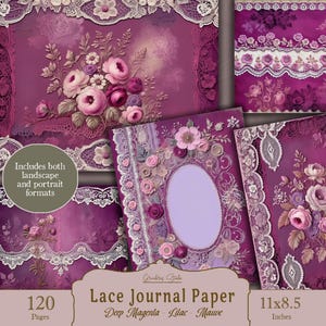 Lace Journal Pages Printable, Magenta, Victorian Lace, Digital Paper, Vintage Lace Backgrounds for Junk Journals, Scrapbooking, Card Making