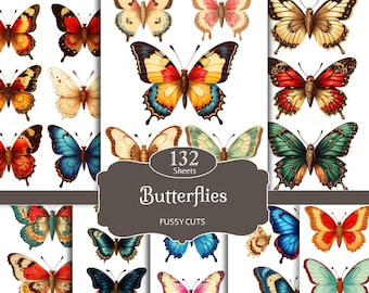 Butterfly Fussy Cuts: vintage plakboekuitsparingen, dagboekversieringen (digitale download)