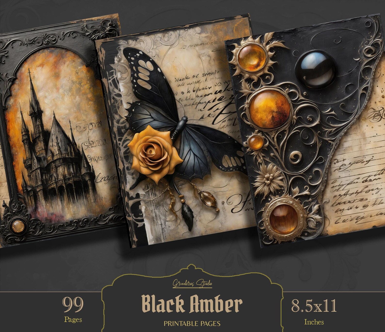 Amber Gothic Junk Journal Pages, Digital Scrapbook Paper Kit, Victorian ...