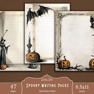 Halloween afdrukbaar briefpapier briefpapier, brief afdrukbare pompoenen, briefpapier, notitiepapier, griezelige Halloween-junkdagboekkit, Halloween-ephemera
