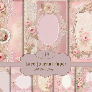 Op de afbeelding: Een verzameling zachtroze en ivoorkleurige kanten journaalpapieren. De papieren hebben bloemen- en kanten ontwerpen, met ovale en rechthoekige frames. De tekst "118 Lace Journal Paper Soft Pink & Ivory" wordt weergegeven.