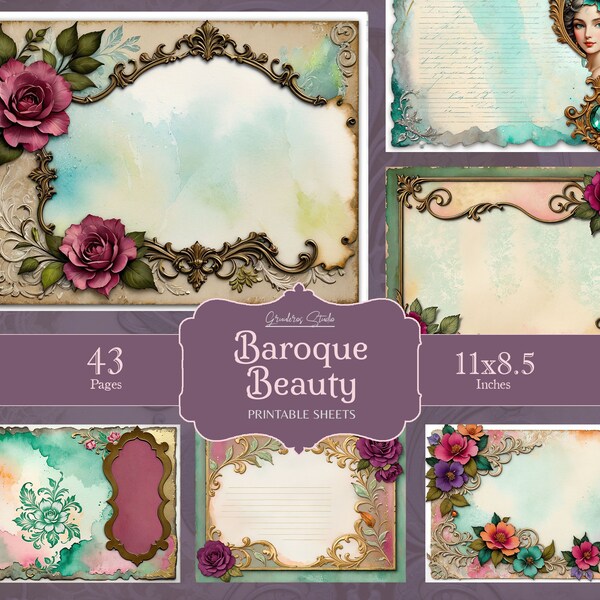 Pastel Baroque Digital Papers, Rococo Gold Frames, Luxurious, Elegant Backgrounds for Scrapbooking, Invitations, Crafts, Instant Download