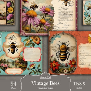 Bee Junk Journal Seiten, digitale Collage Sheet, Vintage Bee Junk Journal Kit, druckbares Junk Journal Papier, Postkartenstil, antikes Papier