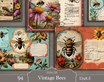 Bee Junk Journal Pages, Digital Collage Sheet, Vintage Bee Junk Journal Kit, Printable Junk Journal Paper, Postcard style, Antique Paper
