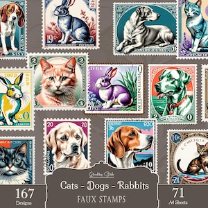 faux Briefmarken, Tierpost zum Ausdrucken, Hunde, Katzen, fussy Schnitte, Junk Journal Bedarf, Tiere vintage Ephemera, Download, Verschönerung