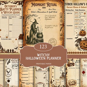 Op de afbeelding: Een verzameling printbare plannerpagina's met achtergronden in vintage perkamentstijl en illustraties van heksen, ketels, pompoenen, vleermuizen en schedels. De tekst bevat titels zoals October's Batty Planner, Midnight Ritual 1890 en Witchy Halloween Planner, met secties voor spreuken, ingrediënten en dagelijkse schema's.