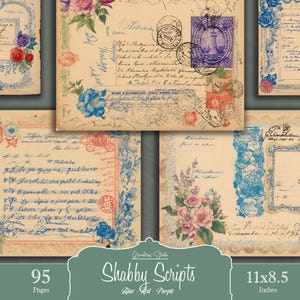Efímeras vintage manuscritas, escritura floral, postal envejecida, kit de diario basura, páginas imprimibles para diario basura, efímeras shabby chic