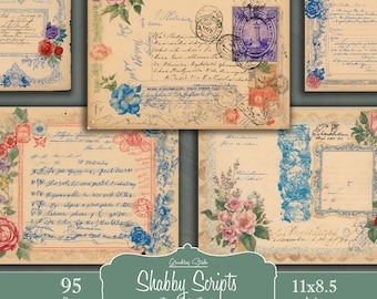 Vintage Handwritten Style Ephemera, Floral Script, Aged Postcard, Junk Journal Kit, Printable Junk Journaling Pages, Shabby Chic Ephemera