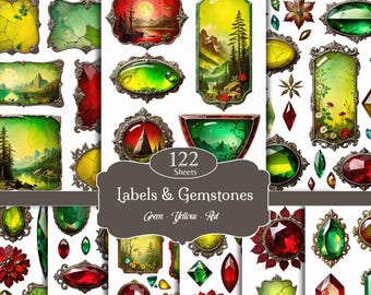 May include: A collection of 122 sheets of labels and gemstones in green, yellow, and red. The labels feature watercolor landscape scenes and ornate frames. Gemstones include various shapes and floral accents.