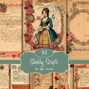 May include: A collage of vintage-style papers with handwritten script, floral accents, and a central image of a woman in a period dress. The color palette includes red, beige, and terracotta tones. The text "81 Shabby Scripts" is displayed.